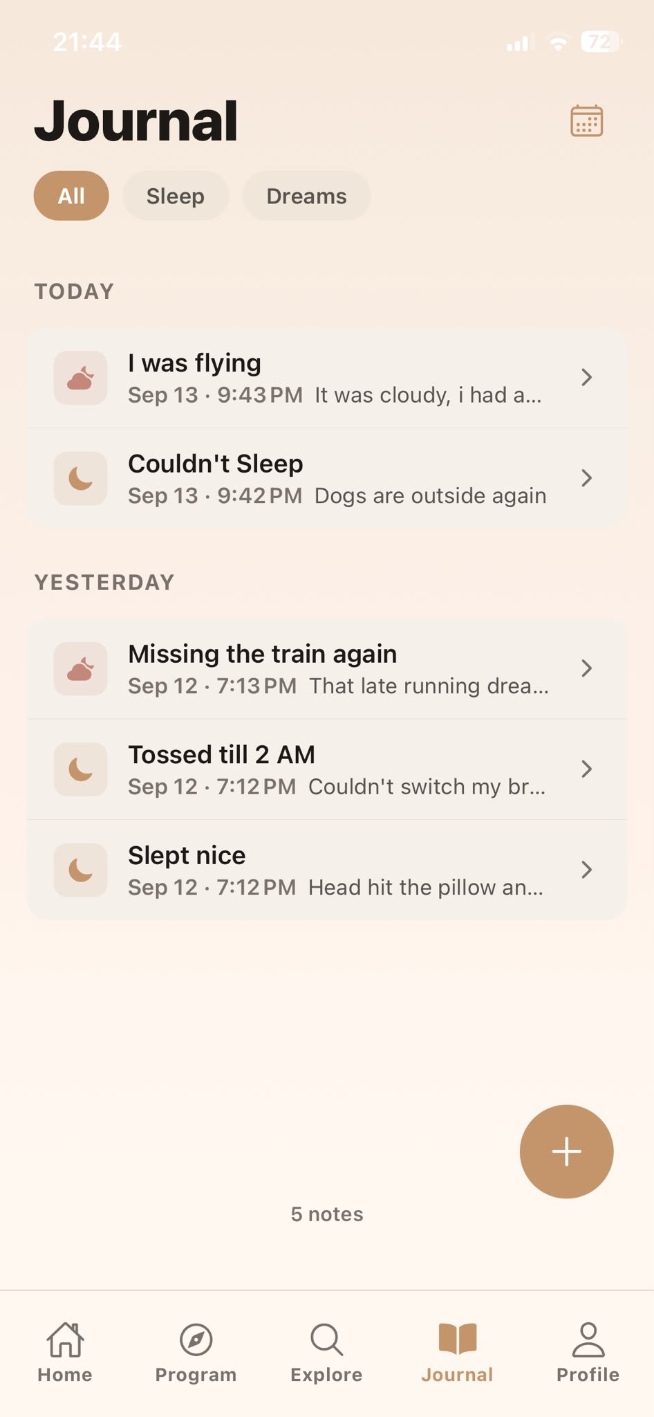 Journal screen with sleep and dream notes